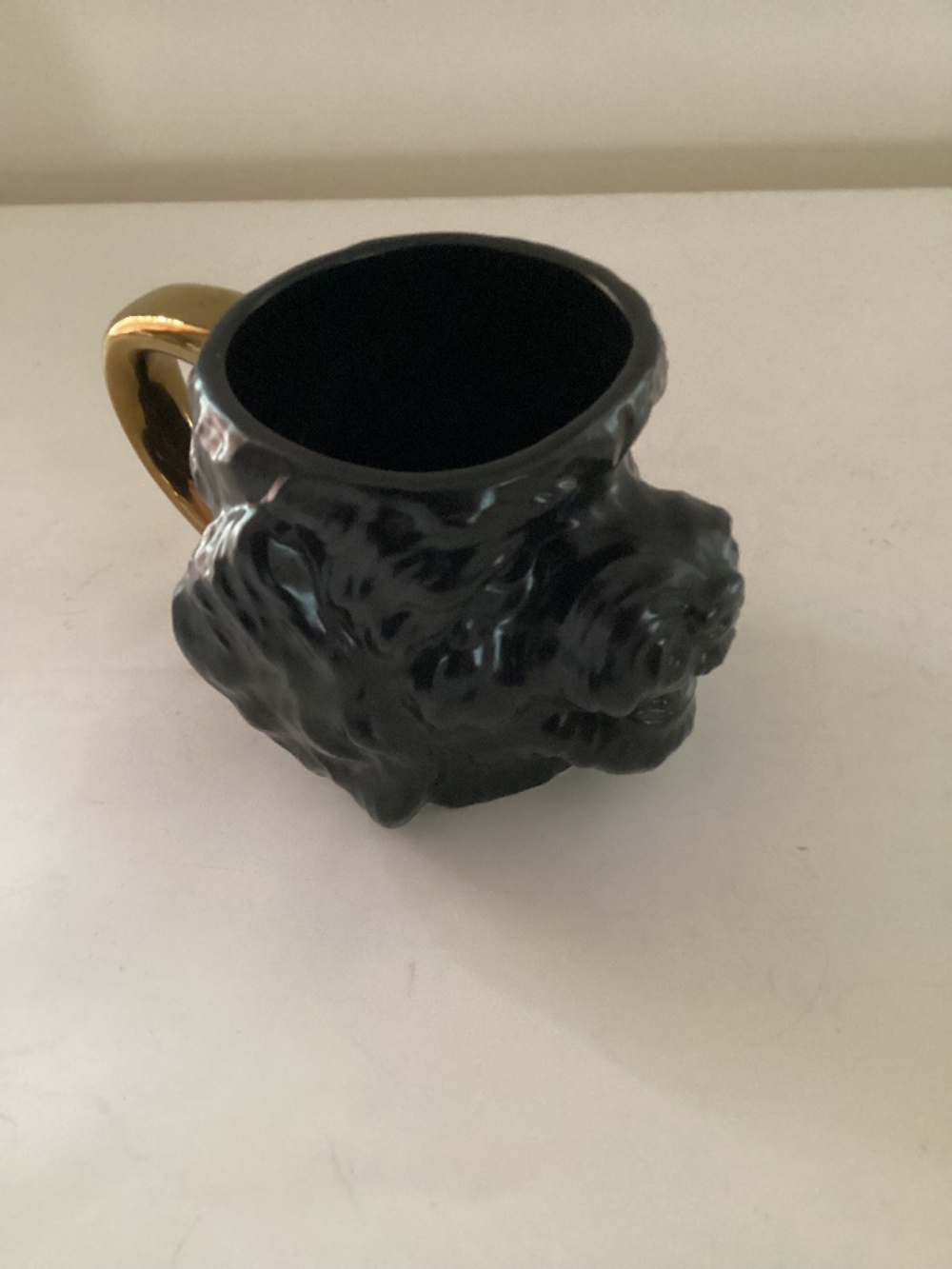 Black Labradoodle Ceramic Mug w/ gold handle. 12 oz